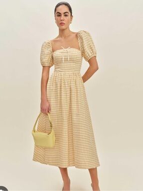 LIKE NEW REFORMATION Marella Linen Dress, Sunshine Check, size 4